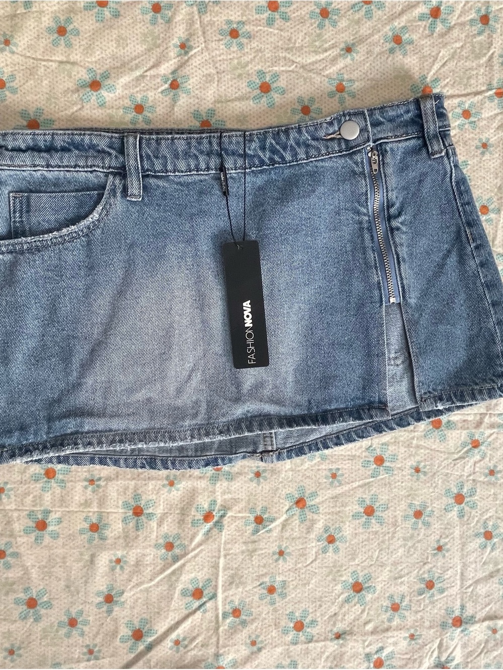 Fashion Nova Light Blue Wash Denim Mini Skirt with Front Zip
